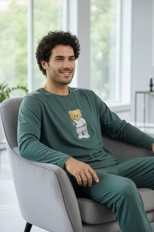 Yeşil Bear Desenli Stylish Erkek Uzun Kol Pijama Takımı - Pijamaevi (3)