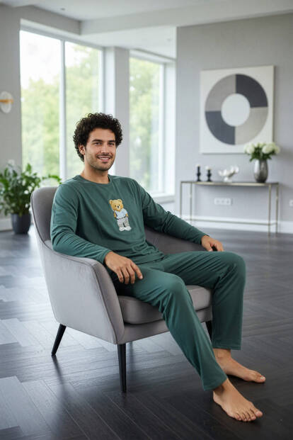 Yeşil Bear Desenli Stylish Erkek Uzun Kol Pijama Takımı - 5