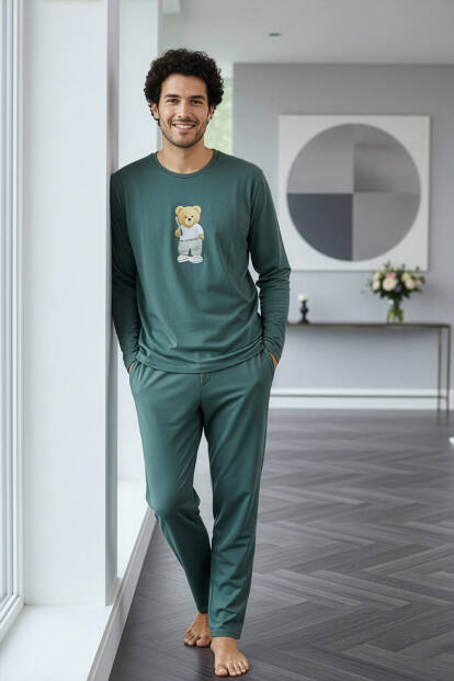 Yeşil Bear Desenli Stylish Erkek Uzun Kol Pijama Takımı - 6