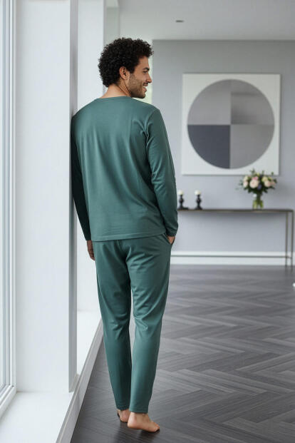 Yeşil Bear Desenli Stylish Erkek Uzun Kol Pijama Takımı - 7
