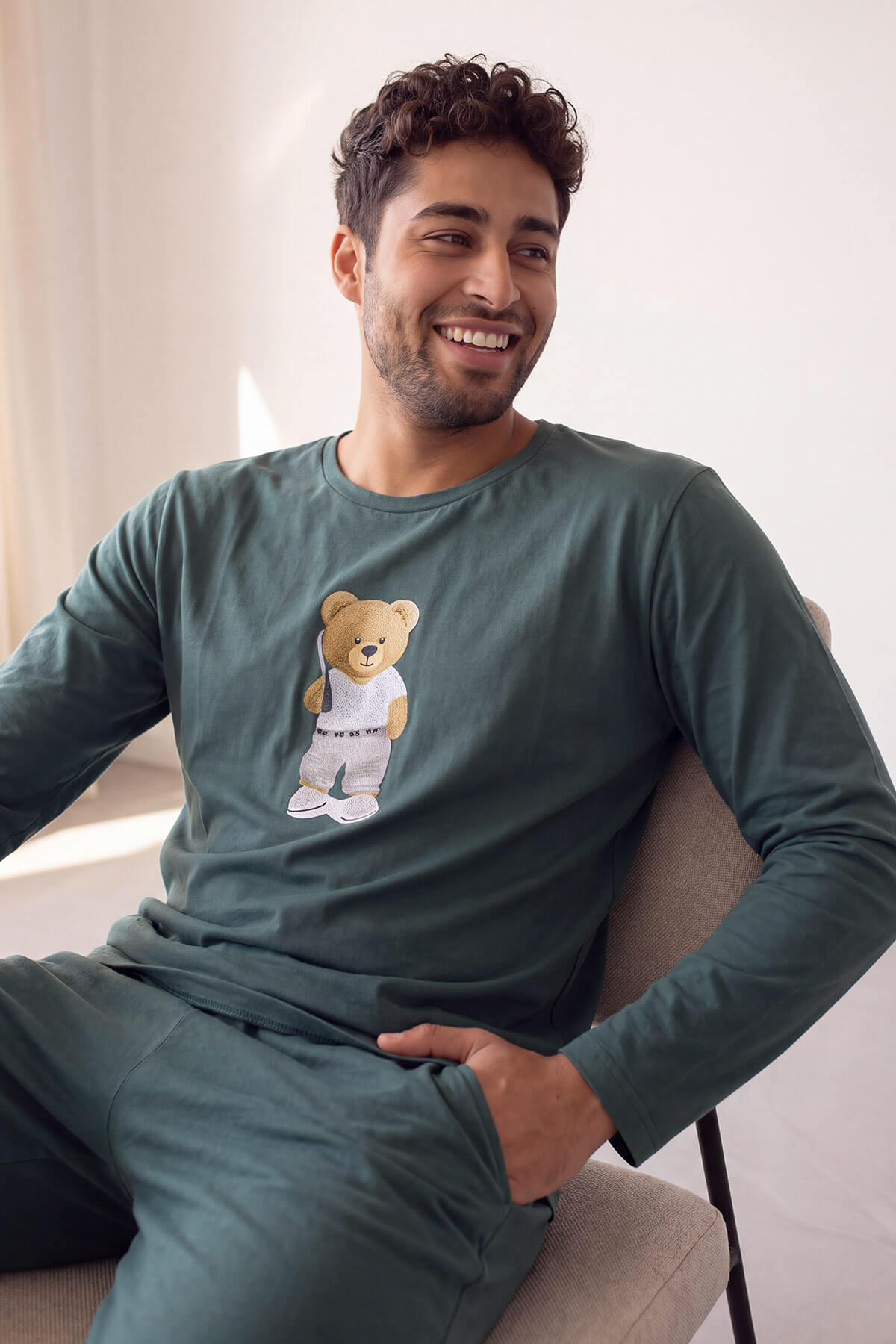 Yeşil Bear Desenli Stylish Erkek Uzun Kol Pijama Takımı - Pijamaevi