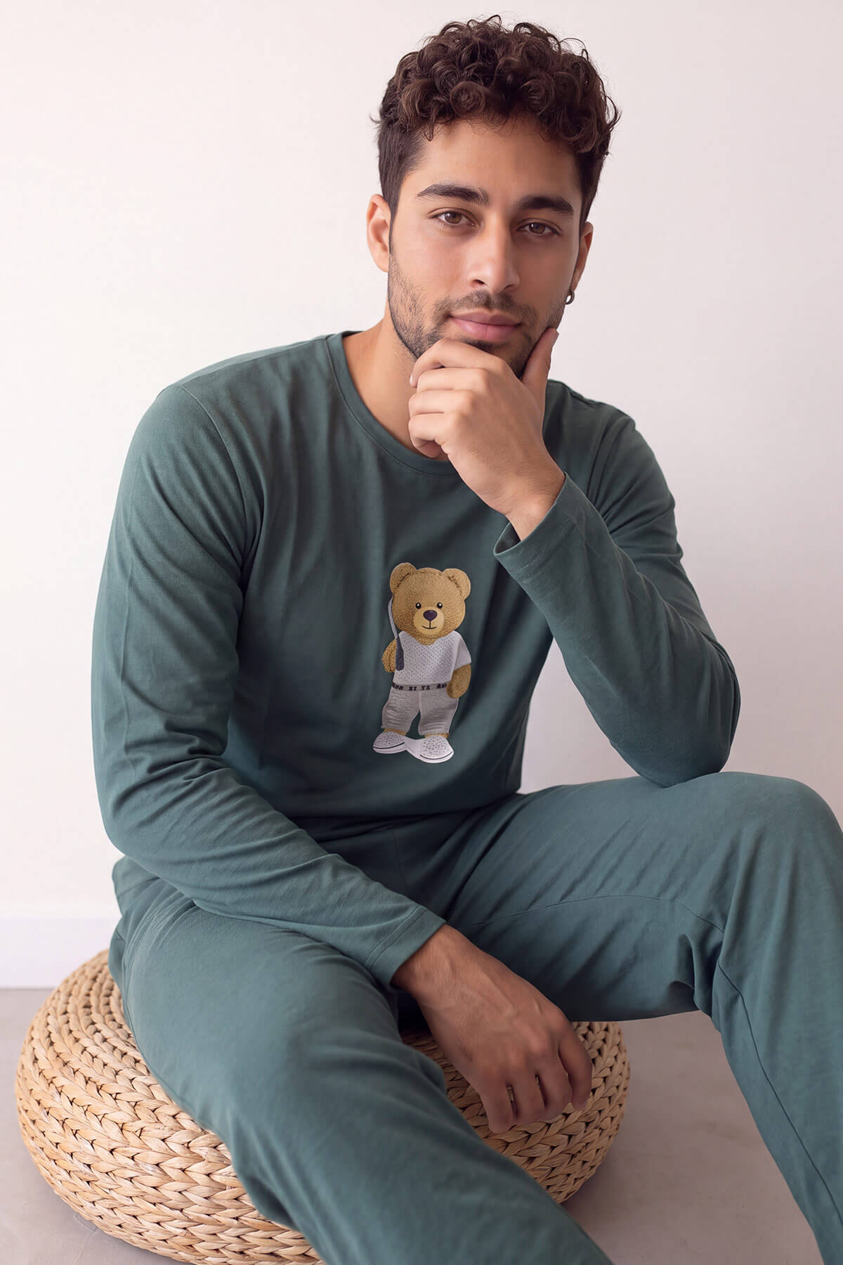 Yeşil Bear Desenli Stylish Erkek Uzun Kol Pijama Takımı - Pijamaevi (1)