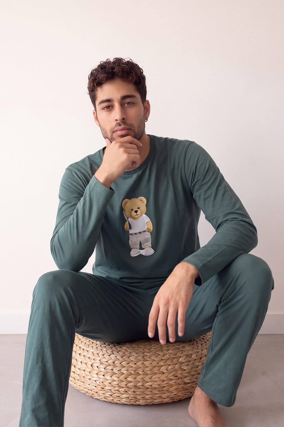 Yeşil Bear Desenli Stylish Erkek Uzun Kol Pijama Takımı - Pijamaevi (2)