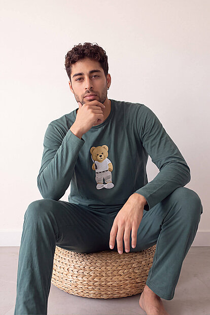 Yeşil Bear Desenli Stylish Erkek Uzun Kol Pijama Takımı - 3