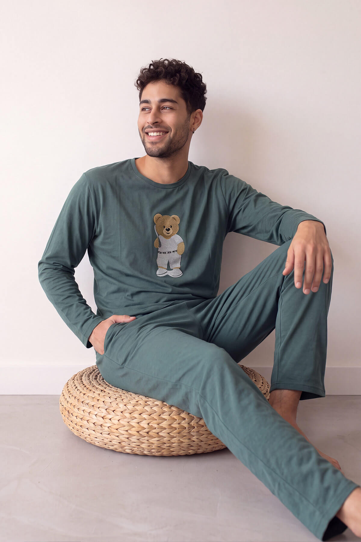 Yeşil Bear Desenli Stylish Erkek Uzun Kol Pijama Takımı - Pijamaevi (3)