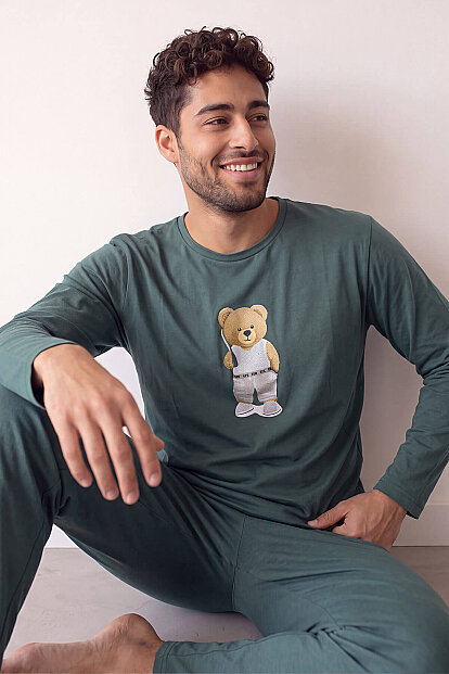Yeşil Bear Desenli Stylish Erkek Uzun Kol Pijama Takımı - 5