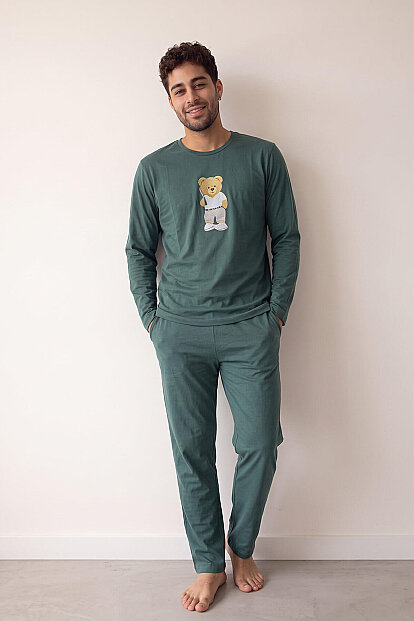 Yeşil Bear Desenli Stylish Erkek Uzun Kol Pijama Takımı - 6