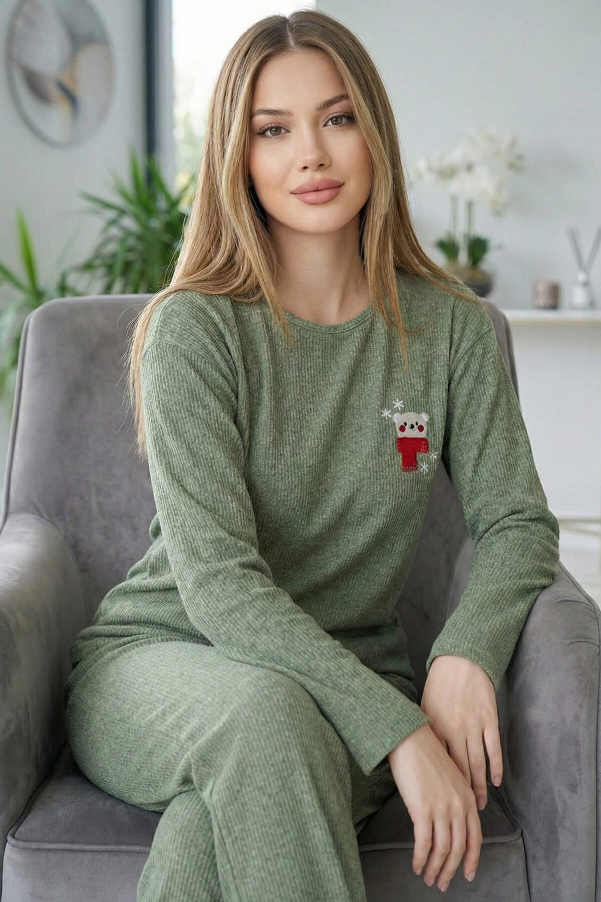 Yeşil Bear Desenli Uzun Kollu Seul Örme Kadın Pijama Takımı - Pijamaevi