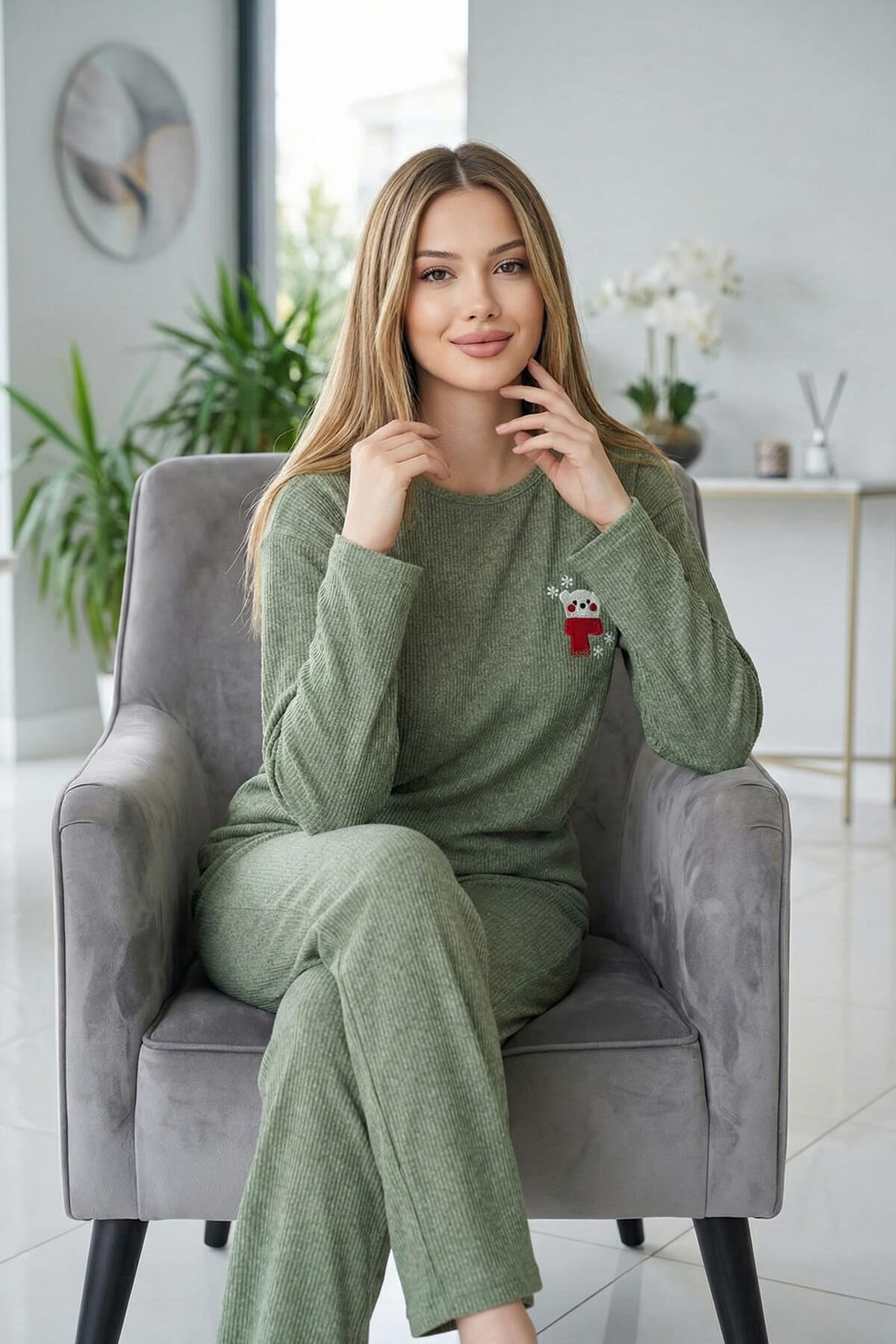 Yeşil Bear Desenli Uzun Kollu Seul Örme Kadın Pijama Takımı - Pijamaevi (2)