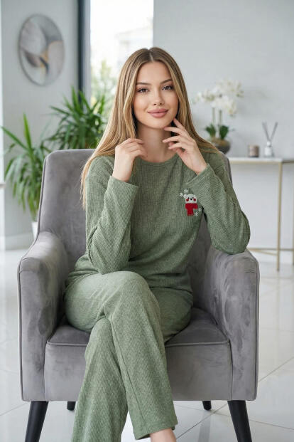 Yeşil Bear Desenli Uzun Kollu Seul Örme Kadın Pijama Takımı - 3