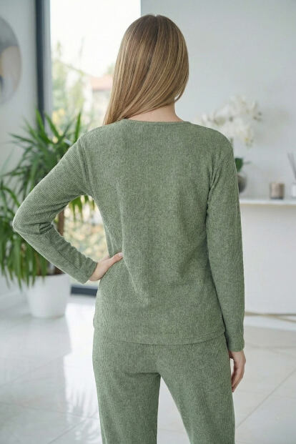 Yeşil Bear Desenli Uzun Kollu Seul Örme Kadın Pijama Takımı - 5