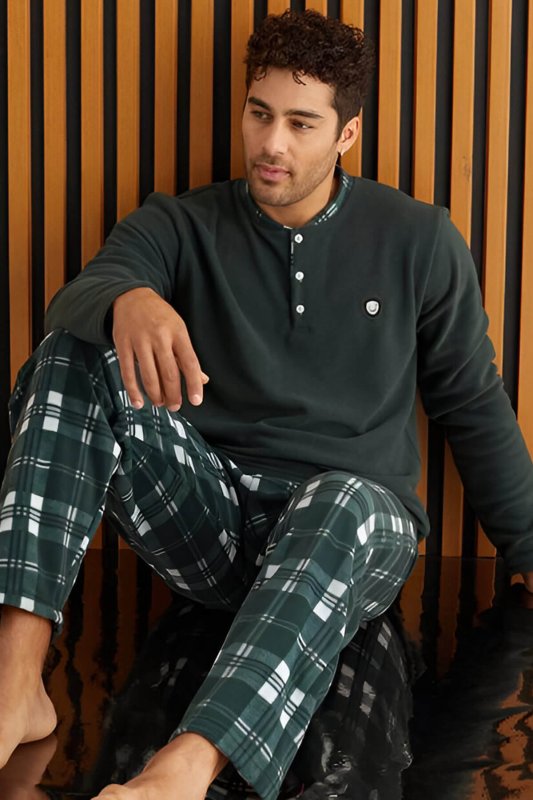 Yeşil Beyaz Ekose Desenli Polar Erkek Pijama Takımı - Pijamaevi