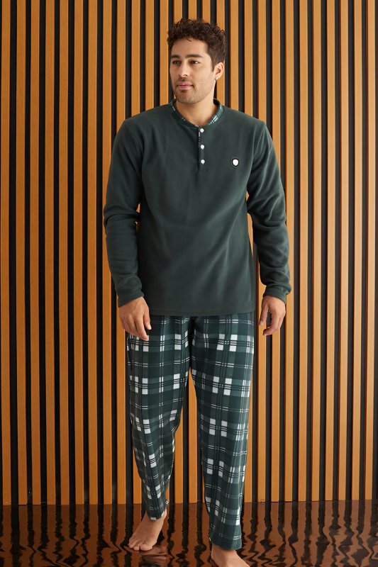 Yeşil Beyaz Ekose Desenli Polar Erkek Pijama Takımı - Pijamaevi (1)