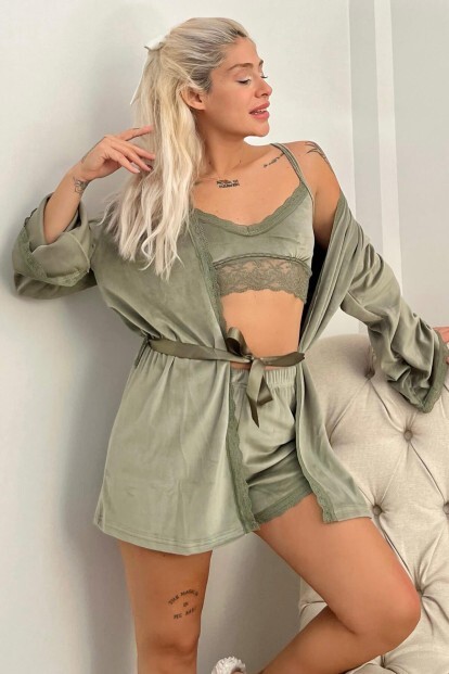 Yeşil Bralet Exclusive Kadife Sabahlıklı Kadın Pijama Takımı  - 5