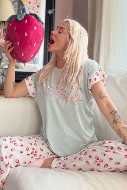 Yeşil Choose Happy Baskılı Örme Kısa Kol Kadın Pijama Takımı - 1