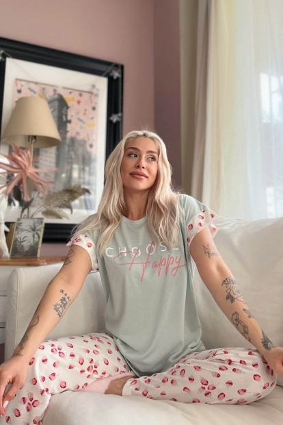 Yeşil Choose Happy Baskılı Örme Kısa Kol Kadın Pijama Takımı - 2