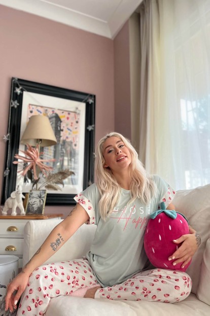 Yeşil Choose Happy Baskılı Örme Kısa Kol Kadın Pijama Takımı - 3