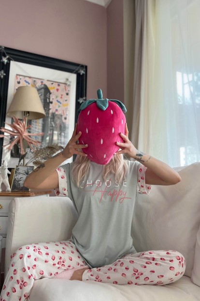 Yeşil Choose Happy Baskılı Örme Kısa Kol Kadın Pijama Takımı - 4