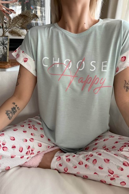 Yeşil Choose Happy Baskılı Örme Kısa Kol Kadın Pijama Takımı - 5