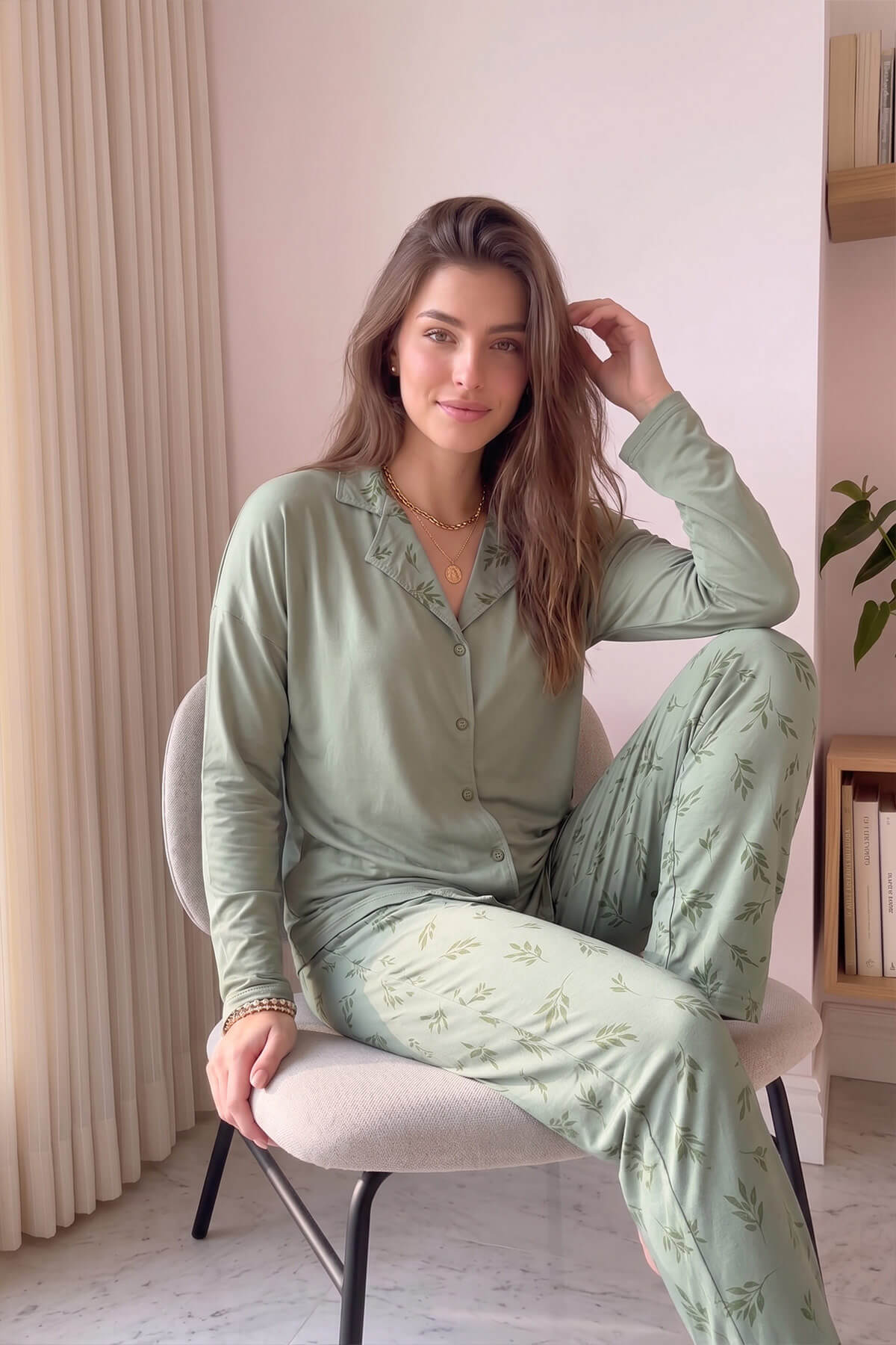 Yeşil Çiçek Desenli Bambu Önden Düğmeli Uzun Kol Kadın Pijama Takımı - Pijamaevi (1)