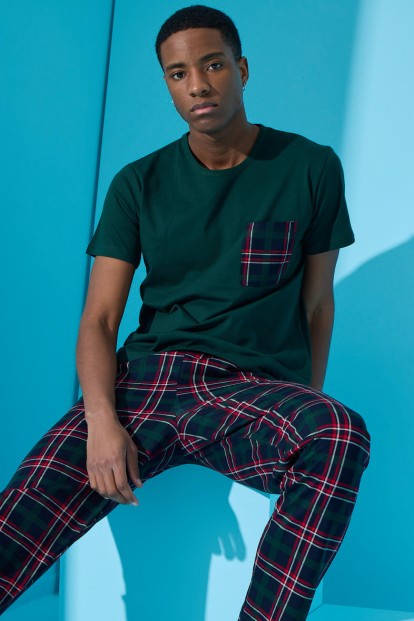 Yeşil Çift Çizgi Ekose Desenli Kısa Kollu Erkek Pijama Takımı - 1