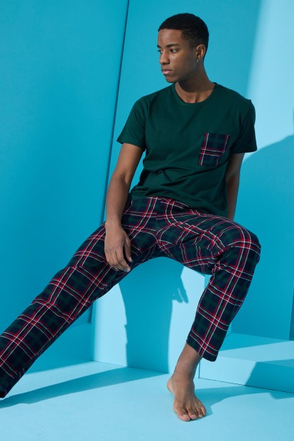 Yeşil Çift Çizgi Ekose Desenli Kısa Kollu Erkek Pijama Takımı - 2