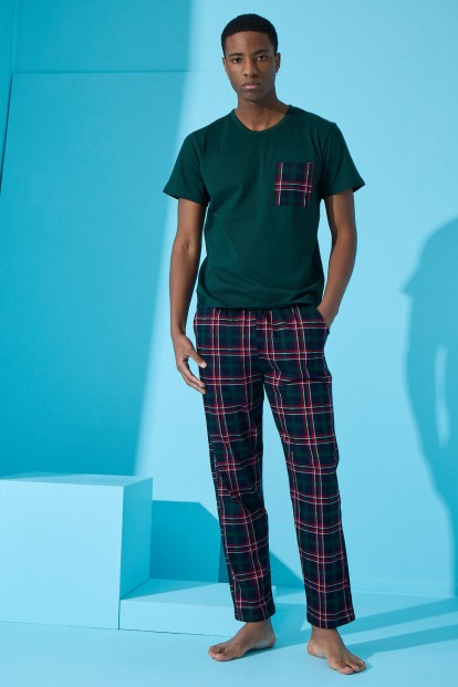 Yeşil Çift Çizgi Ekose Desenli Kısa Kollu Erkek Pijama Takımı - 3