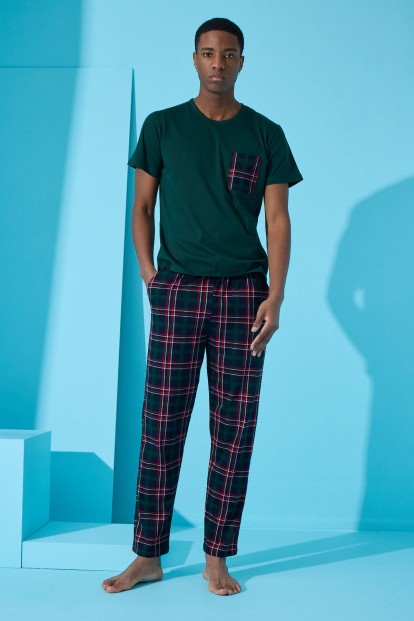 Yeşil Çift Çizgi Ekose Desenli Kısa Kollu Erkek Pijama Takımı - 4