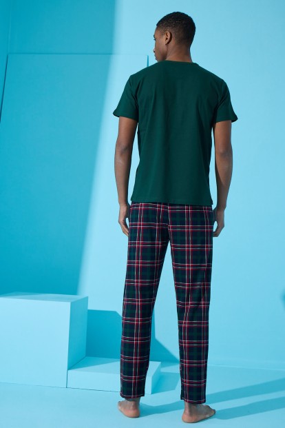 Yeşil Çift Çizgi Ekose Desenli Kısa Kollu Erkek Pijama Takımı - 5