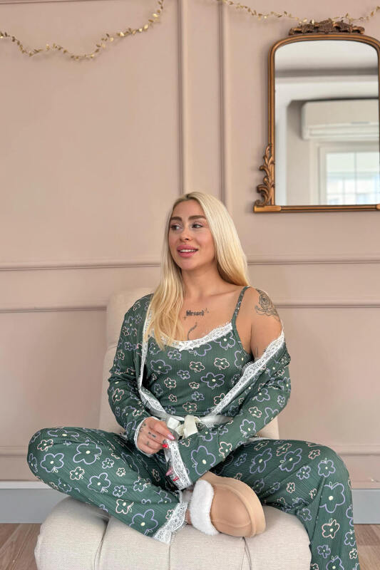 Yeşil Çizgi Çiçek Desenli Sabahlıklı Pegasus Pijama Takımı - Pijamaevi (2)