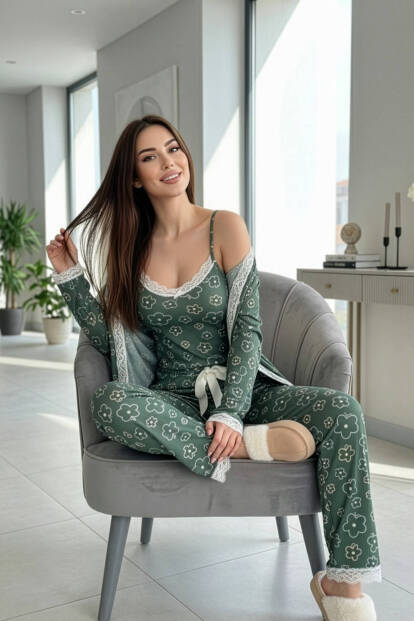 Yeşil Çizgi Çiçek Desenli Sabahlıklı Pegasus Pijama Takımı - 2