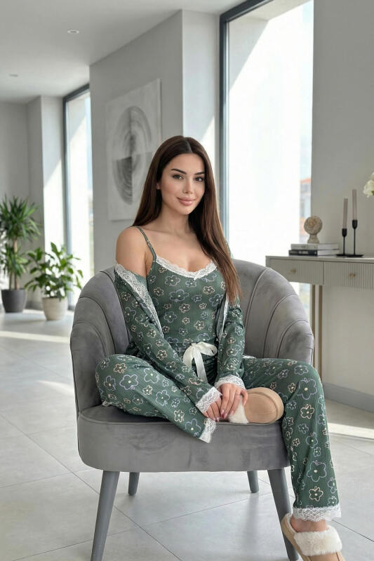 Yeşil Çizgi Çiçek Desenli Sabahlıklı Pegasus Pijama Takımı - Pijamaevi (3)
