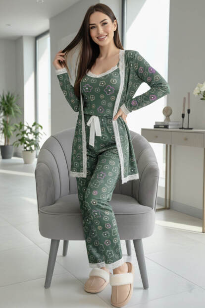 Yeşil Çizgi Çiçek Desenli Sabahlıklı Pegasus Pijama Takımı - 5