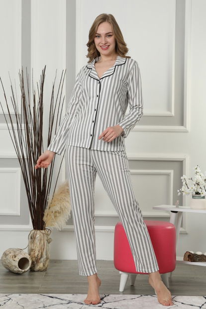 Yeşil Çizgili Önden Düğmeli Uzun Kollu Pijama Takımı - 2