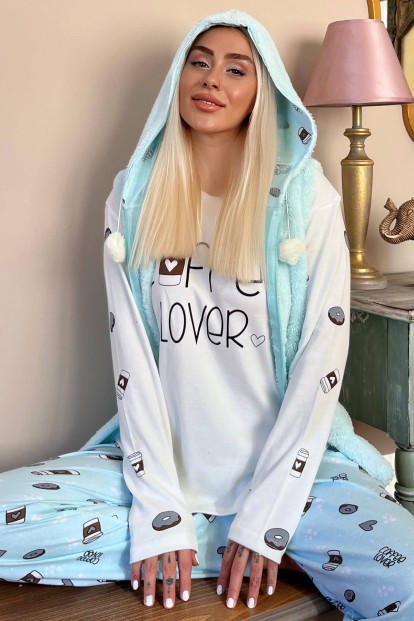 Yeşil Coffee Lover Desenli Peluş Yelekli Kadın Pijama Takımı - 1