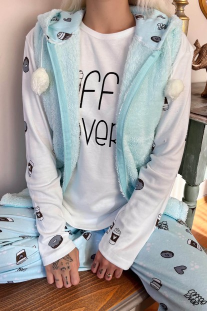 Yeşil Coffee Lover Desenli Peluş Yelekli Kadın Pijama Takımı - 4