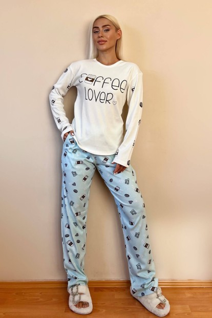 Yeşil Coffee Lover Desenli Peluş Yelekli Kadın Pijama Takımı - 7