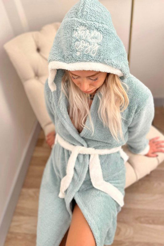 Yeşil Cozy Desenli Kapşonlu Peluş Kadın Sabahlık - Pijamaevi (2)