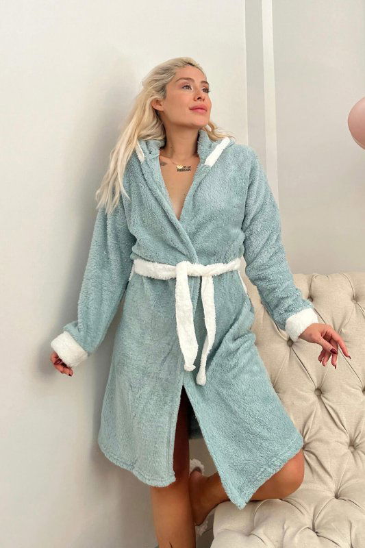 Yeşil Cozy Desenli Kapşonlu Peluş Kadın Sabahlık - Pijamaevi (3)
