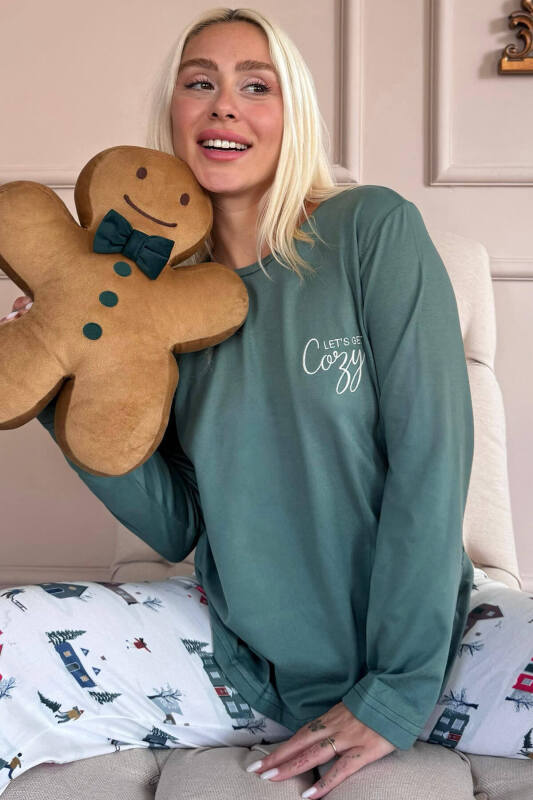 Yeşil Cozy Desenli Termal Kadın Pijama Takımı - Pijamaevi