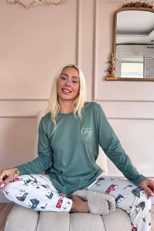 Yeşil Cozy Desenli Termal Kadın Pijama Takımı - Pijamaevi (1)