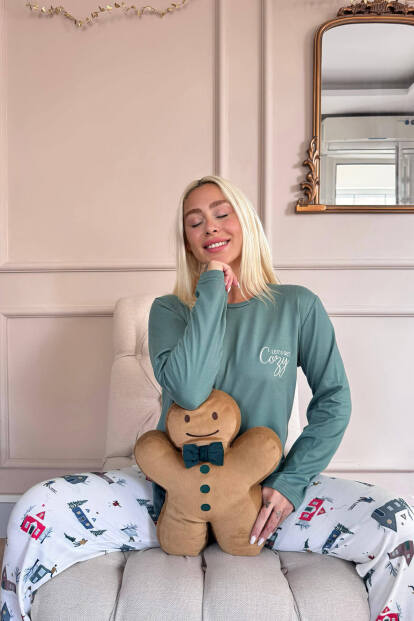 Yeşil Cozy Desenli Termal Kadın Pijama Takımı - 5