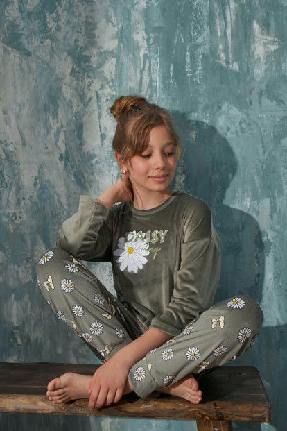 Yeşil Daisy Desenli Exclusive Kadife Kız Çocuk Pijama Takımı  - 3