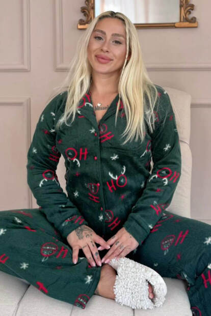Yeşil Deer Desenli Önden Düğmeli Peluş Polar Pijama Takımı 