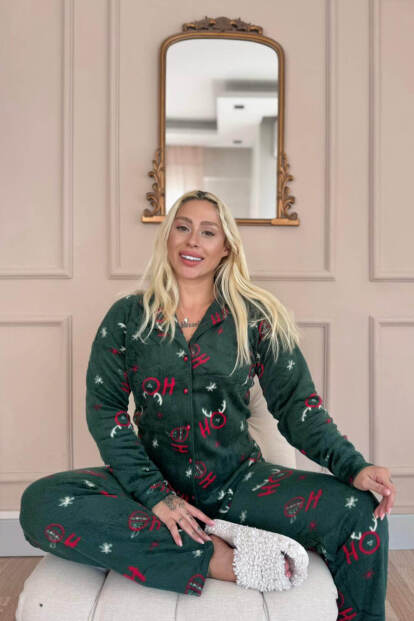 Yeşil Deer Desenli Önden Düğmeli Peluş Polar Pijama Takımı - 2