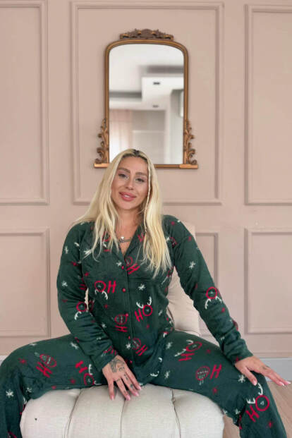 Yeşil Deer Desenli Önden Düğmeli Peluş Polar Pijama Takımı - 3