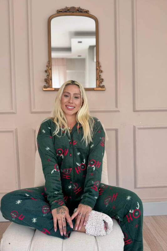 Yeşil Deer Desenli Önden Düğmeli Peluş Polar Pijama Takımı - Pijamaevi (3)