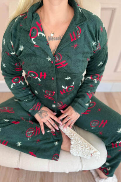 Yeşil Deer Desenli Önden Düğmeli Peluş Polar Pijama Takımı - 5