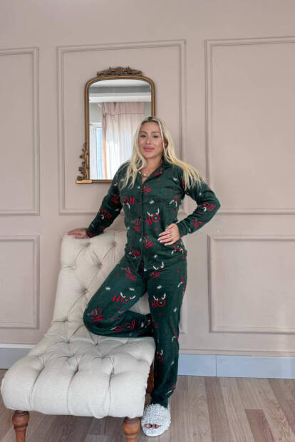 Yeşil Deer Desenli Önden Düğmeli Peluş Polar Pijama Takımı - 6