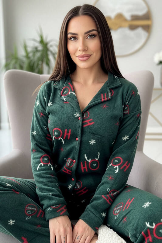 Yeşil Deer Desenli Önden Düğmeli Peluş Polar Pijama Takımı - Pijamaevi